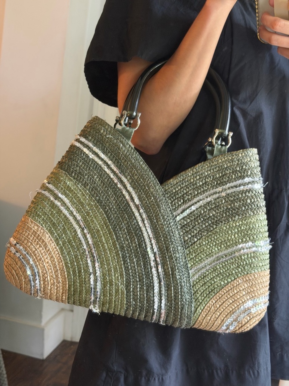Mermaidcore Boho Festival Woven Straw Tote Bag in Olive & Natural Silver Detail